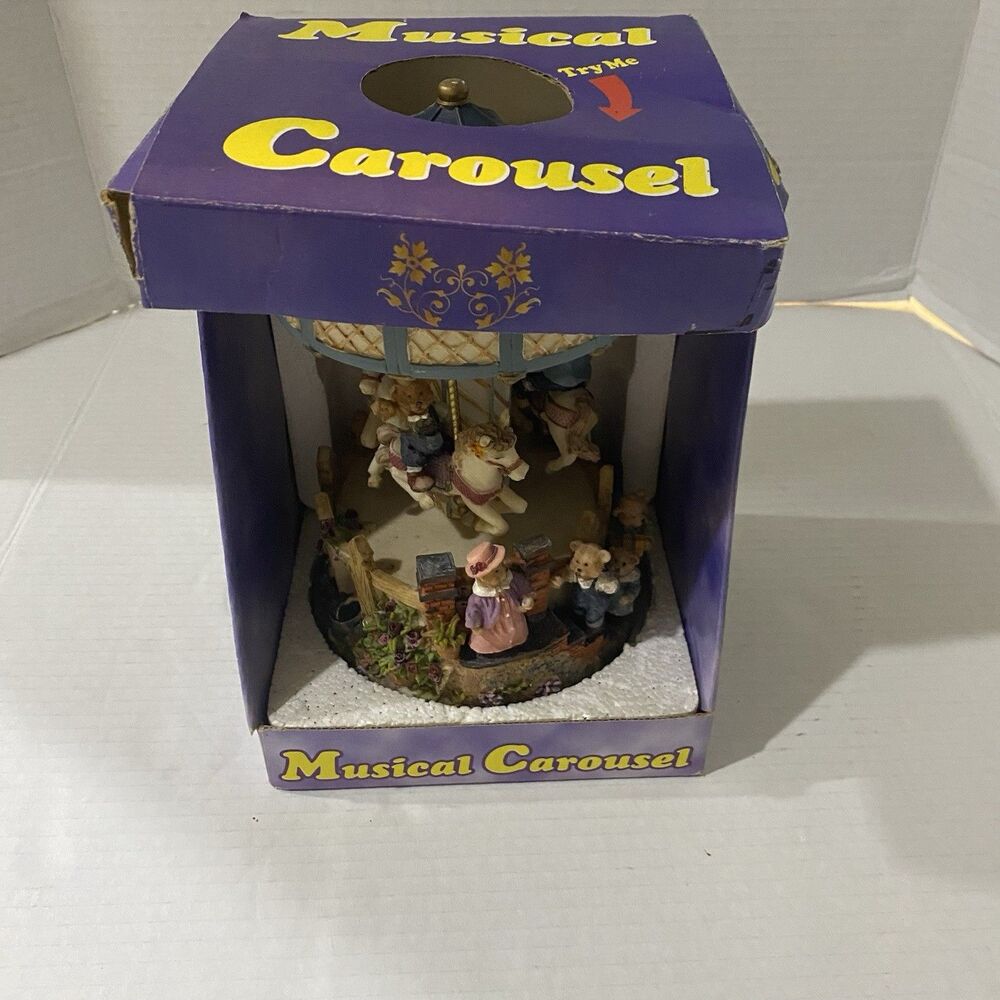 Vintage Resin Musical 3 Horse Carousel With Bear Family With Box